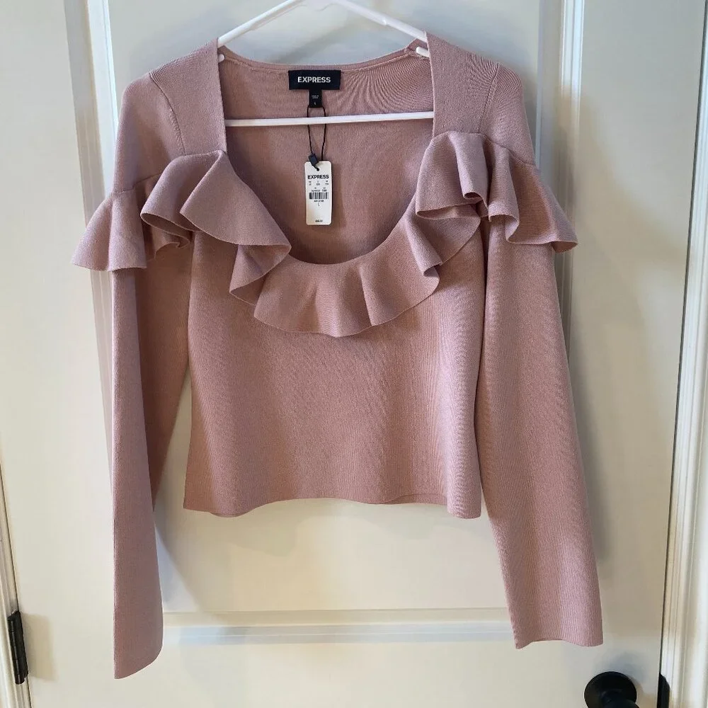 Express Pink Long Sleeve Crop Top w Ruffle Detailing Size Large NWT - Picture 4 of 8